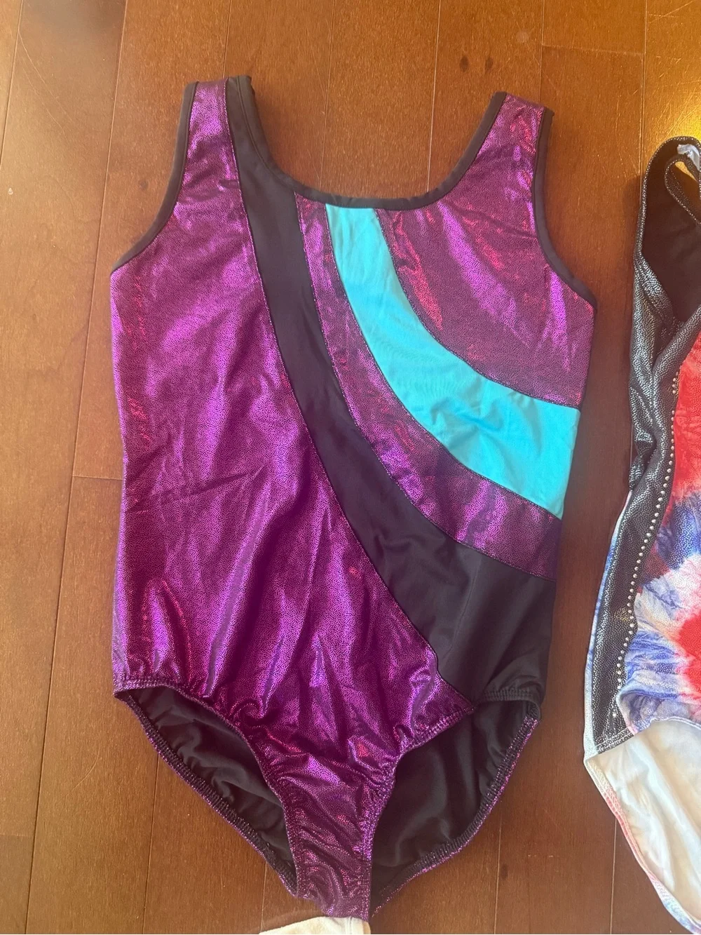 Girls Purple Metallic Gymnastics Leotard tie dye red white blue leo & pink tshir